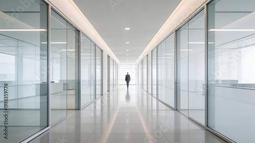 Person walking down long office corridor