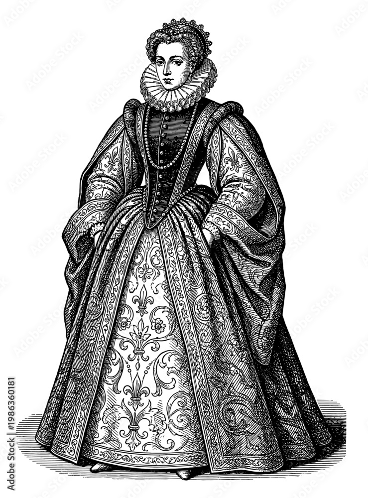Obraz premium Renaissance queen in ornate dress ruff collar vintage engraving