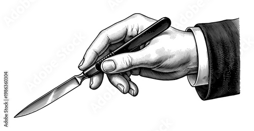 Hand holding scalpel surgical knife vintage engraving