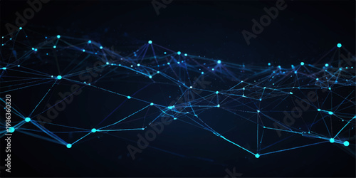 Technology and communication concept abstract blue background with digital cyberspace particles glowing wavy lines connected dots and an arrow pointing to the right margin