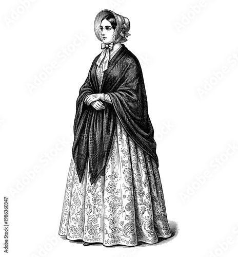 Victorian lady in shawl and bonnet hat vintage engraving