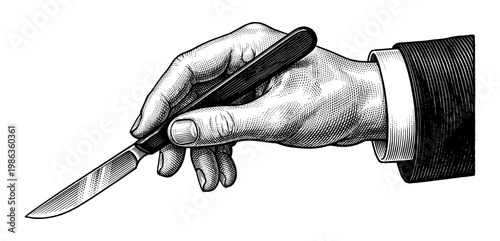 Hand holding scalpel surgical knife vintage engraving