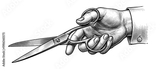 Hand holding open scissors tailor barber vintage engraving