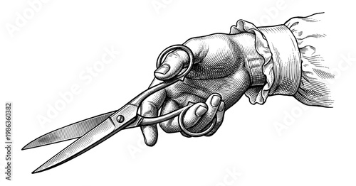 Hand with ruffle cuff holding scissors vintage engraving