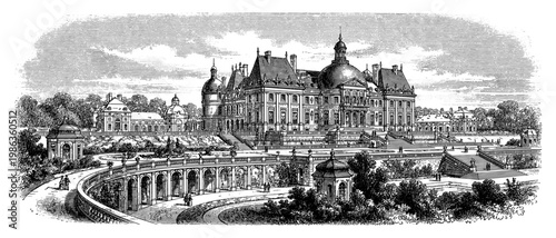 French chateau palace and garden vintage engraving