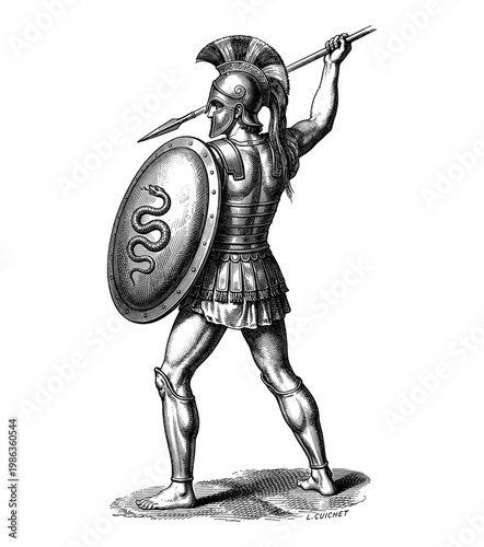 Greek hoplite spartan warrior with shield and spear vintage engraving