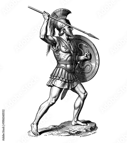 Greek hoplite spartan warrior with shield and spear vintage engraving