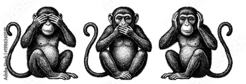 Three wise monkey chimpanzee see hear speak no evil vintage engraving