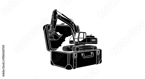 Black and white illustration of a suitcase with a robotic arm.