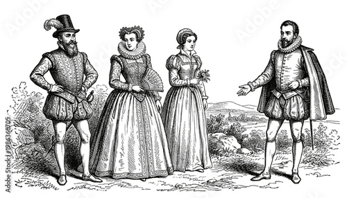 Renaissance people in historical costume and ruff collar engraving