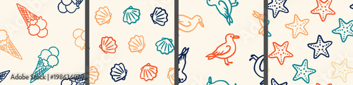 nautical seamless pattern set with hand drawn ice cream seashells seagulls and starfish for summer textile and children decor