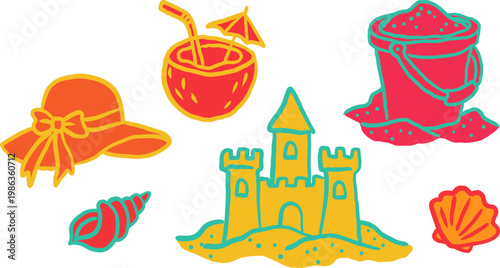 neon summer beach elements set with sand castle coconut cocktail sun hat and seashells bright vibrant hand drawn icons