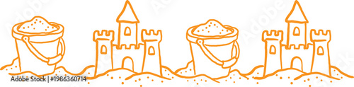 hand drawn sand castle and bucket border orange line art sandcastles and pails for kids summer beach activities design isolated on white
