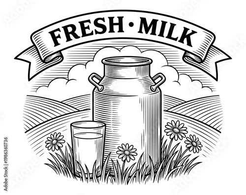 Fresh milk can and glass on farm field vintage engraving