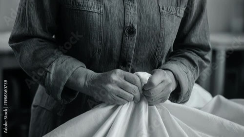Close-up of older hands tightly gripping and twisting white fabric. Manual labor in a textile factory or parachute making. First and Second World War concept
