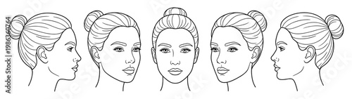 Woman face portrait set with different angles and views line art