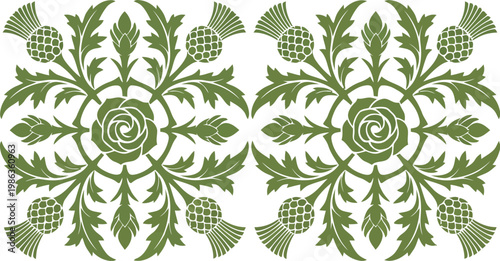 Green thistle and rose floral ornament vintage pattern design element for textile and wallpaper isolated on white background