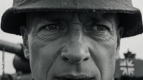Extreme close-up of a soldier's eyes and face. Weary expression of a military veteran. Historical world war portrait in black and white
