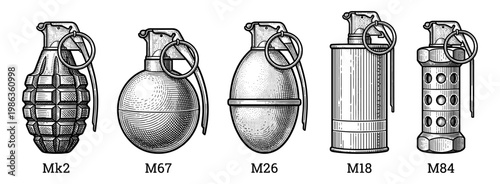 Military hand grenade set Mk2 M67 M26 M18 M84 engraving