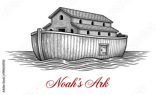 Noah Ark floating on water in vintage engraving