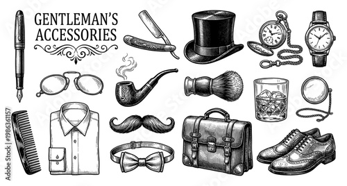 Gentleman vintage accessory set watch pipe hat briefcase razor engraving