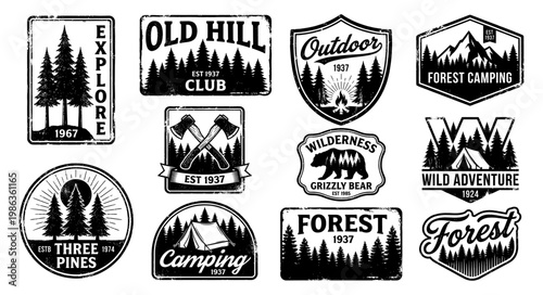 Outdoor forest camping badge set mountain bear and axe vintage