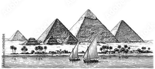 Great Pyramid of Giza with Nile river in vintage engraving