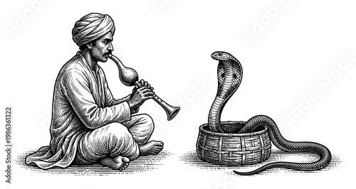Indian snake charmer playing flute to cobra engraving