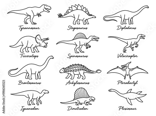 Dinosaur set Tyrannosaur Triceratops Stegosaurus line art