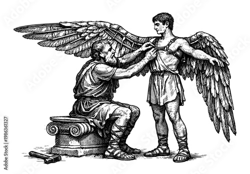 Daedalus attaching wing to Icarus in vintage engraving