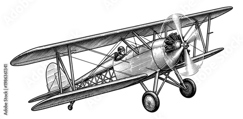 Biplane flying with pilot in vintage engraving