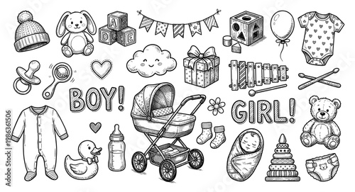 Baby accessory set stroller bear bottle rattle pacifier duck sketch