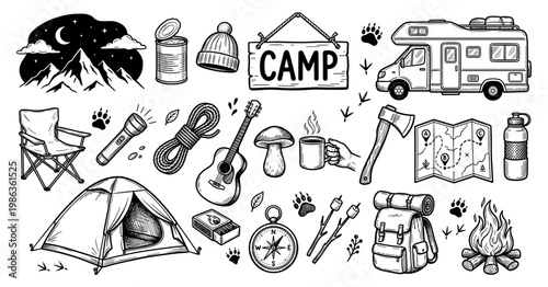 Camping set with tent camper van mountain backpack and campfire sketch