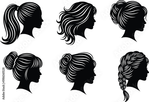 Set of elegant female head profile silhouettes with diverse hairstyles including ponytail messy bun wavy hair and intricate braided plait