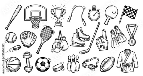 Sport equipment set ball racket glove trophy and whistle sketch