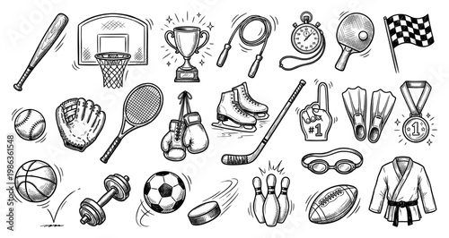 Sport equipment set ball racket trophy glove medal stopwatch skate sketch