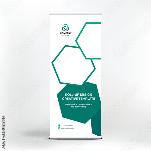 Banner design, roll-up stand for advertising, conferences, seminars, poster template for placing photos and text. Creative background for presentation