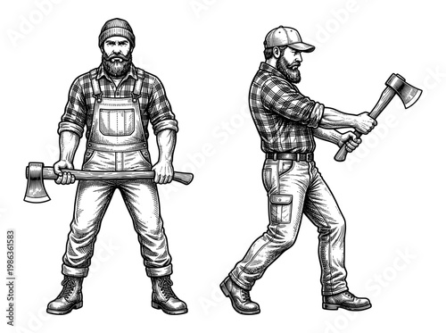 Lumberjack woodcutter set bearded man holding and swinging axe engraving