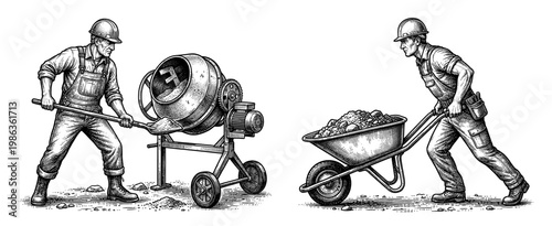 Construction worker set concrete mixer wheelbarrow and shovel engraving