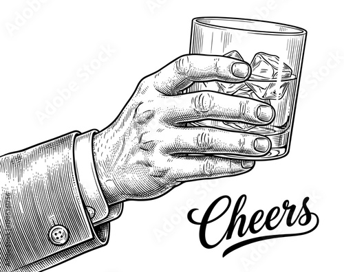 Cheers hand holding whiskey glass with ice vintage engraving