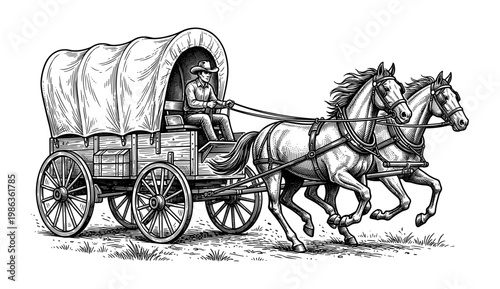 Covered wagon set horse driver and western carriage engraving
