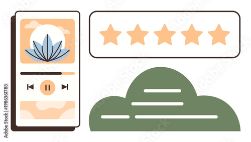 Digital tools, user interface design, rating reviews, media app design, cloud storage, app features. Media player with pause button, star ratings cloud element. User interface and rating reviews