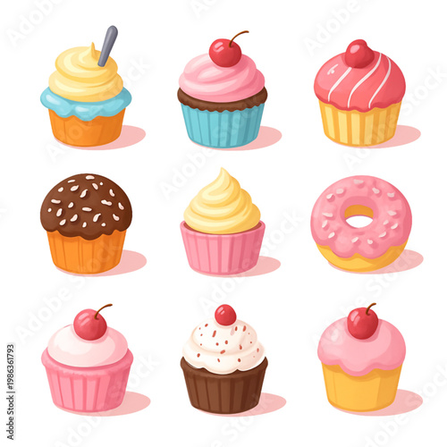 Pastel Dessert Collection Cupcake Donut Ice Cream Cute Minimal Kawaii Style Isolated Elements