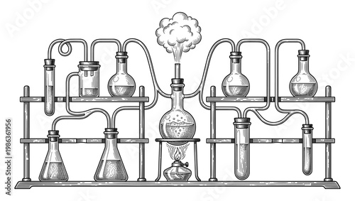 Chemistry laboratory with glass flask burner and steam engraving