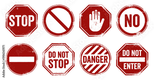 Stop sign set danger no entry do not stop and hand signal grunge