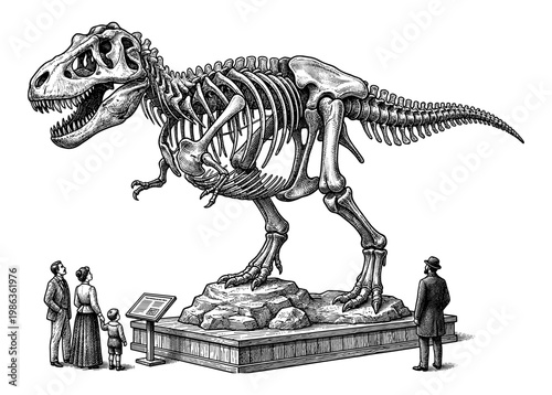 Tyrannosaurus rex skeleton in museum with visitor vintage engraving