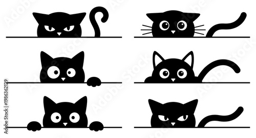 Black cat set with peeking kitten eyes tail and paw silhouette