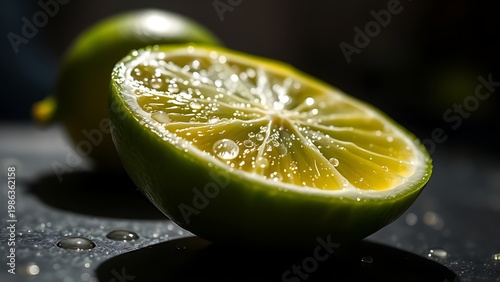 sudachi. A fresh slice of sudachi lime on a dark surface, glistening with dewdrops in sunlight. menu design, packaging mockups, designed for culinary blogs and recipe cards for restaurants.