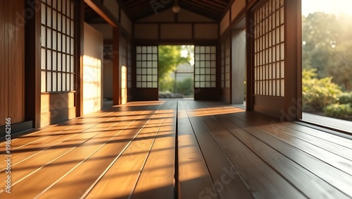 engawa. Wooden floorboards dividing shadowy interior and sunlit garden. travel magazines, destination branding, designed for travel destination branding, used by videographers.