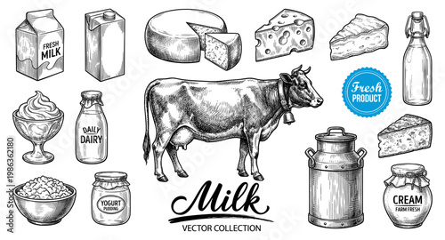 Dairy milk set with cow cheese yogurt cream and bottle engraving